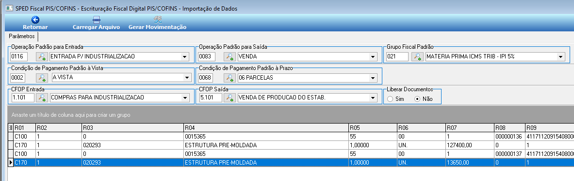 Tela SPED Fiscal PIS/COFINS – Importação de Dados após processamento concluído; grade exibe registros C100 e C170 com colunas R01 a R09, incluindo código 0015365, descrição ESTRUTURA PRE-MOLDADA, quantidade 1.00000, unidade UN, valores 127400.00 e 13650.00