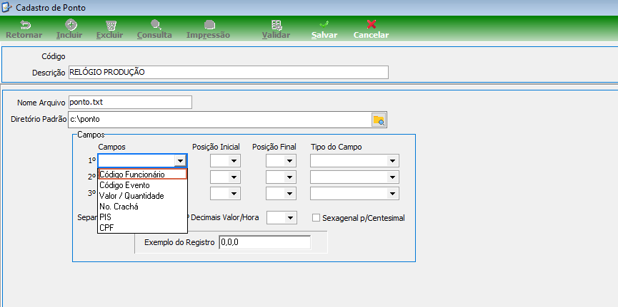Tela Cadastro de Ponto com dropdown aberto no 1º campo mostrando as opções: Código Funcionário (selecionado), Código Evento, Valor / Quantidade, No. Crachá, PIS, CPF. Campos Posição Inicial, Posição Final e Tipo do Campo disponíveis para preenchimento