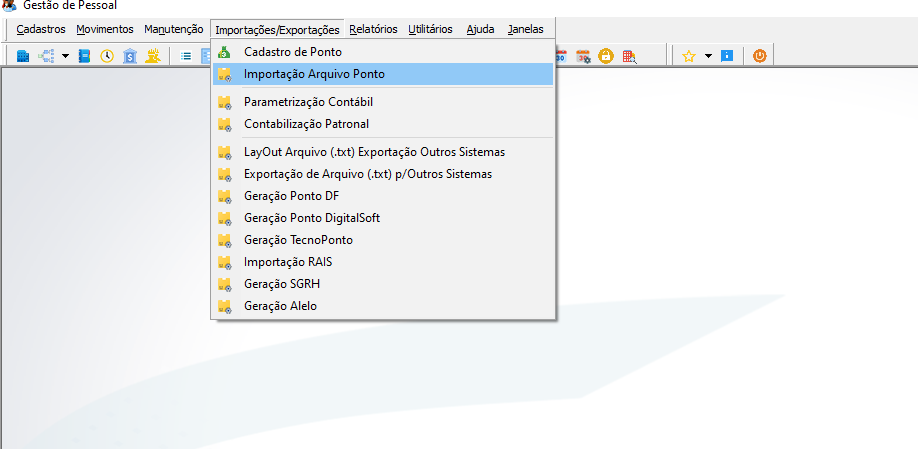 Menu Importações/Exportações com os itens: Cadastro de Ponto, Importação Arquivo Ponto (selecionado), Parametrização Contábil, Contabilização Patronal, LayOut Arquivo (.txt) Exportação Outros Sistemas, Exportação de Arquivo (.txt) p/Outros Sistemas, Geração Ponto DF, Geração Ponto DigitalSoft, Geração TecnoPonto, Importação RAIS, Geração SGRH, Geração Alelo
