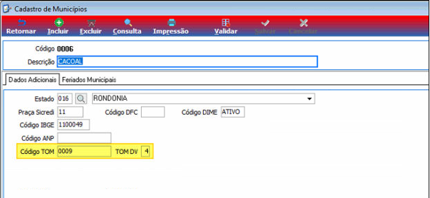 Tela Cadastro de Municípios com registro do município CACOAL (Código 0006, Estado 016 – RONDONIA); campos Código TOM preenchido com "0009" e TOM DV com "4" destacados em amarelo