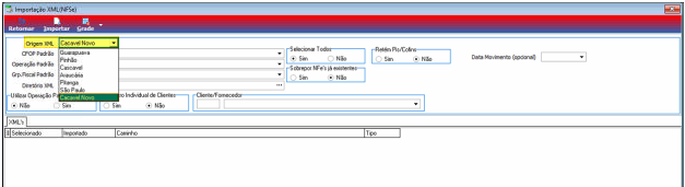 Tela Importação XML (NFS-e) com menu suspenso "Origem XML" expandido, mostrando opções: Guavarupa, Pinhão, Cascavel, Araméia, Pitanga, São Paulo e Caraval Novo selecionado; colunas de configuração à direita exibem opções Sim/Não