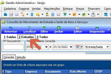 Tela "Consulta do Movimento de Entrada e Saída de Itens e Serviços" com as abas "1 Saídas", "2 Entradas" e "3 Todos" visíveis; seta indicando a aba "2 Entradas"