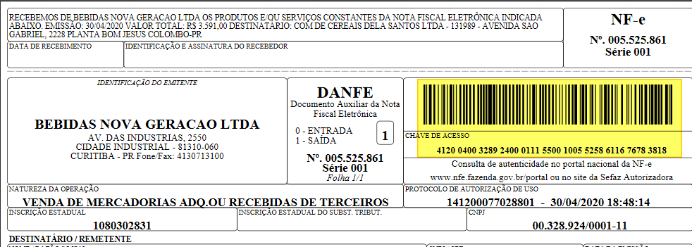 DANFE exibindo o campo "Chave de Acesso" com 44 dígitos em destaque: 4120 0400 3289 2400 0111 5500 1005 5258 6116 7678 3818