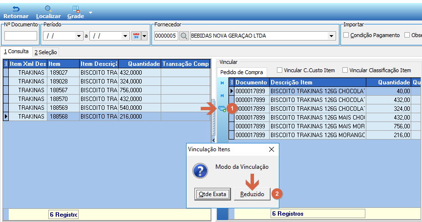Tela "Vínculo de Pedido de Compra" com a caixa de diálogo "Vinculação Itens" aberta, exibindo os botões "Qtde Exata" e "Reduzido" (marcado como 2); seta indicando o botão de vínculo na grade
