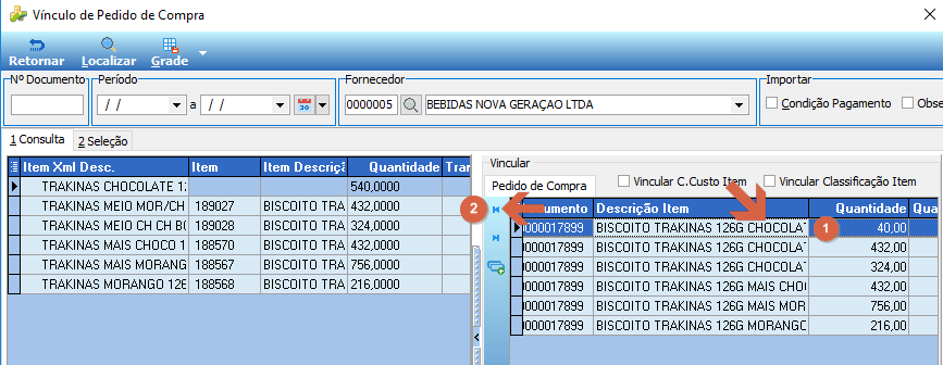 Tela "Vínculo de Pedido de Compra" com a grade da esquerda mostrando itens (alguns sem vínculo) e a grade da direita com os itens do pedido; setas indicando a linha do item selecionado na grade da direita (1) e o botão de seta para esquerda (2)
