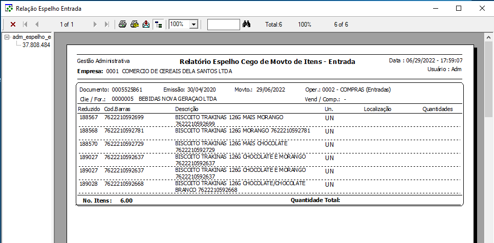 Tela "Relação Espelho Entrada" com o relatório "Espelho Cego de Movto de Itens - Entrada" exibindo Documento 0005525861, Empresa 0001 COMERCIO DE CEREAIS DELA SANTOS LTDA, fornecedor BEBIDAS NOVA GERAÇÃO LTDA e a grade com 6 itens (biscoitos Trakinas) nas colunas Reduzido, Cod.Barras, Descrição, Un., Localização e Quantidades em branco para preenchimento manual