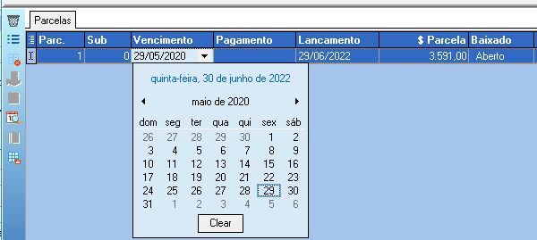 Grade de parcelas com a parcela 1, Vencimento 29/05/2020, Lancamento 29/06/2022, $ Parcela 3.591,00, Baixado Aberto; calendário pop-up exibindo maio de 2020 com o dia 29 selecionado