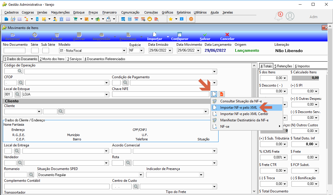 Tela Movimento de Itens com menu de Eventos expandido mostrando as opções Importar NF-e pelo XML e Importar NF-e pelo XML Center
