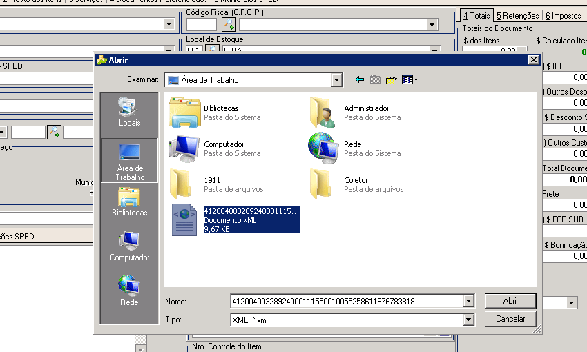 Janela Abrir com Área de Trabalho selecionada e arquivo XML da NF-e selecionado no campo Nome