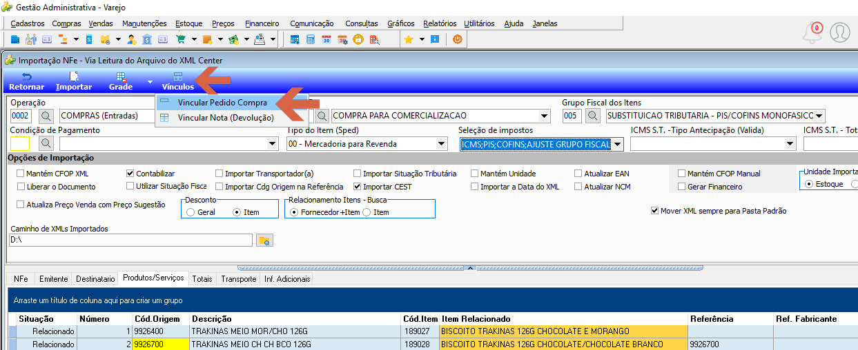 Tela de importação com aba Produtos/Serviços ativa e menu Vínculos expandido mostrando as opções Vincular Pedido Compra e Vincular Nota (Devolução)