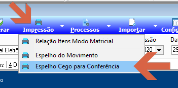 Menu Impressão expandido com as opções Relação Itens Modo Matricial, Espelho do Movimento e Espelho Cego para Conferência; opção Espelho Cego para Conferência destacada por seta