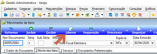 Tela Movimento de Itens com botão Liberar destacado na barra de ferramentas; campos Nro Documento 0005525861, Modelo 55 - Nota Fiscal Eletrônica e Espécie NFe visíveis