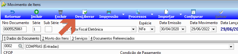 Tela Movimento de Itens com botão Desliberar visível na barra de ferramentas, indicando que a NF-e foi liberada com sucesso