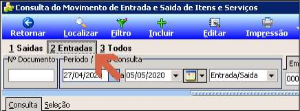Tela Consulta do Movimento de Entrada e Saída de Itens com abas 1 Saídas, 2 Entradas e 3 Todos; aba 2 Entradas selecionada e filtro de período preenchido