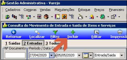 Tela Consulta do Movimento de Entrada e Saída de Itens com seta vermelha apontando para o botão Incluir na barra de ferramentas