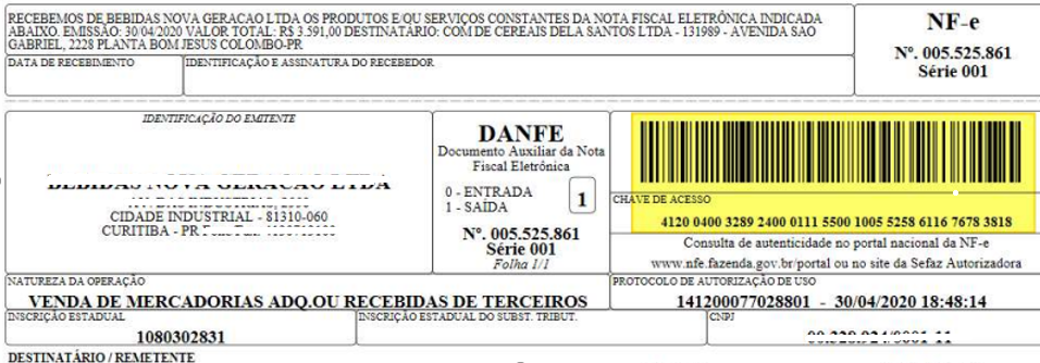 DANFE da NF-e 005.525.861 com chave de acesso de 44 dígitos e código de barras; cabeçalho com dados do emitente BEBIDAS NOVA GERAÇÃO LTDA e destinatário COMERCIO DE CEREAIS DA SANTOS LTDA