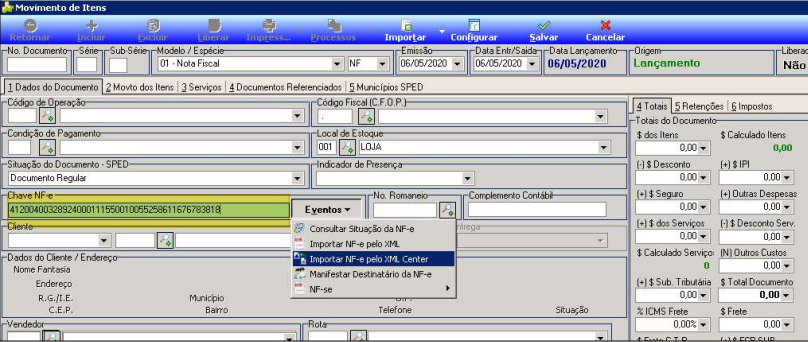 Tela Movimento de Itens com menu Eventos aberto exibindo as opções Consultar Situação da NF-e, Importar NF-e pelo XML Center, Manifestar Destinatário da NF-e e NF-se