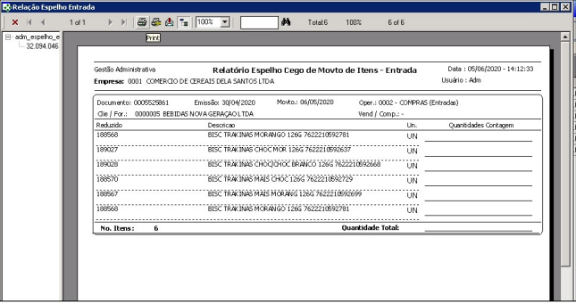 Relatório Espelho Cego de Movto de Itens - Entrada da empresa COMERCIO DE CEREAIS DA SANTOS LTDA com 6 itens BISC TRAKINAS; colunas Reduzido, Descrição, Un. e Quantidades Contagem em branco para preenchimento manual