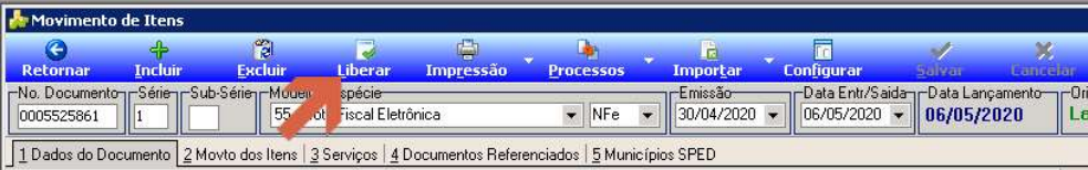 Tela Movimento de Itens com barra de ferramentas exibindo o botão Liberar; campos No. Documento (0005525861), Série 1, Modelo/Espécie NFe e Data Emissão 30/04/2020 preenchidos