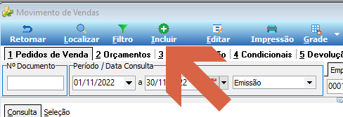 Tela Movimento de Vendas com botão Incluir na barra de ferramentas