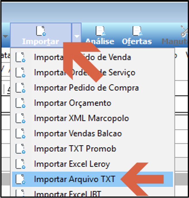 Menu suspenso do botão Importar com a opção Importar Arquivo TXT destacada