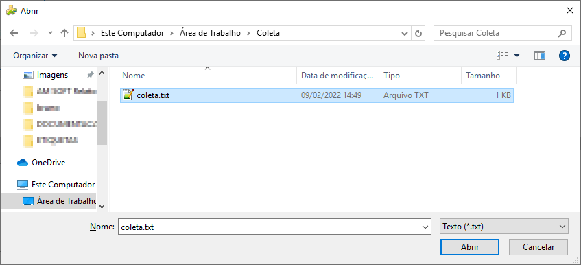 Janela Abrir do Windows Explorer com o arquivo coleta.txt selecionado na pasta Coleta