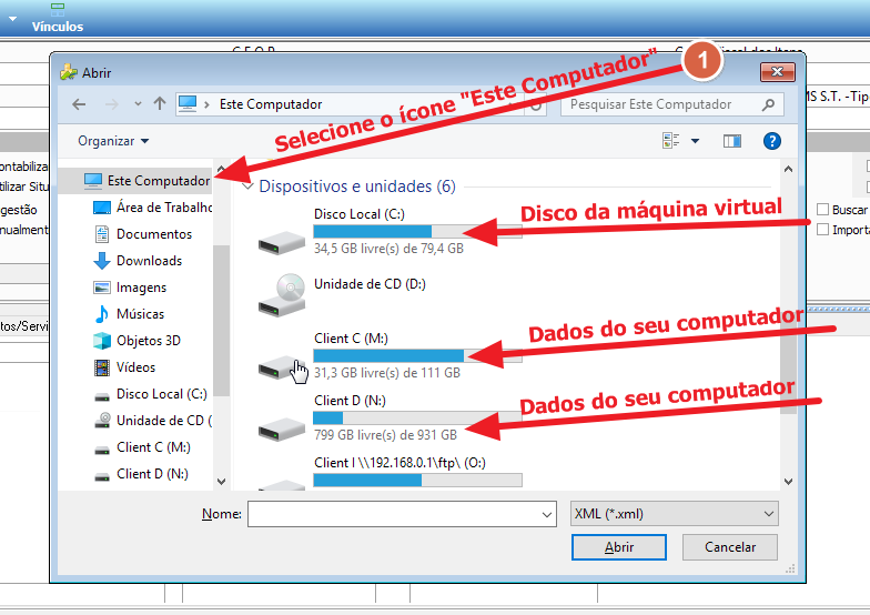 Janela Abrir em "Este Computador" exibindo os dispositivos: Disco Local (C:) — disco da máquina virtual, Unidade de CD (D:), Client C (M:) e Client D (N:) — identificados como dados do computador local. Anotações na imagem indicam qual disco pertence à máquina virtual e quais pertencem ao computador do usuário