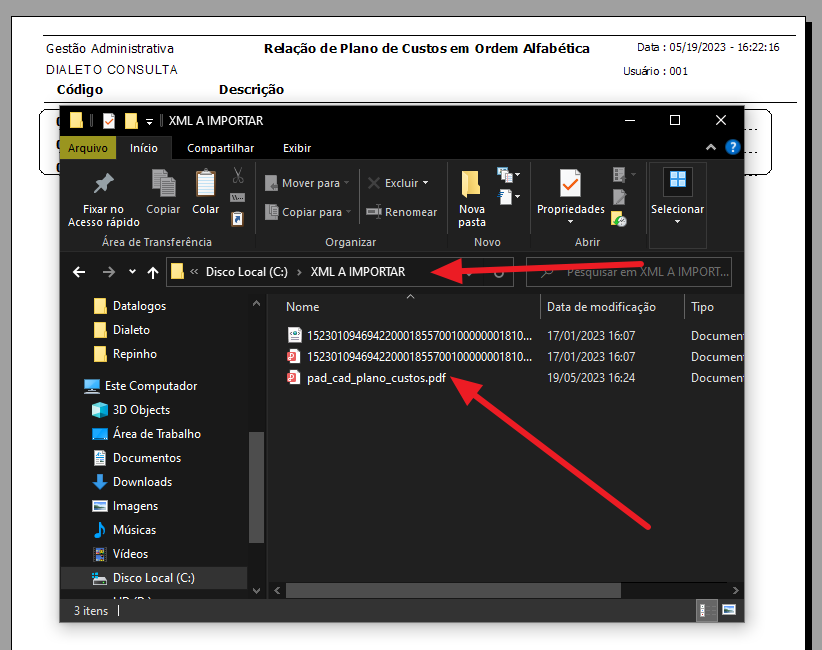 Explorador de Arquivos do Windows na pasta "Disco Local (C:) > XML A IMPORTAR" exibindo três arquivos: dois documentos XML e o arquivo pad_cad_plano_custos.pdf (criado em 19/05/2023 16:24), com seta apontando para o PDF recém-exportado