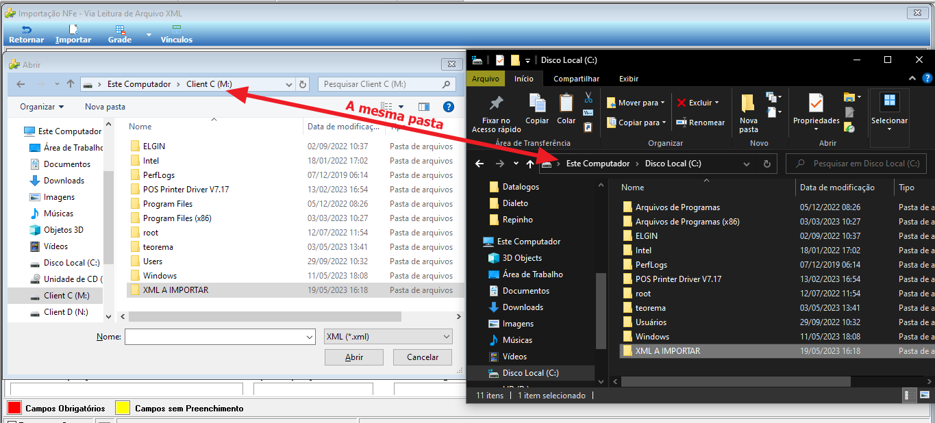 Janela "Abrir" com Client C (M:) selecionado, mostrando pastas ELGIN, Intel, PerfLogs, Program Files, Program Files (x86), root, teorema, Users, Windows e "XML A IMPORTAR"; ao lado, o Explorador de Arquivos do Windows apontando para o mesmo Disco Local (C:) com a mesma pasta "XML A IMPORTAR" destacada, confirmando que se trata do mesmo local