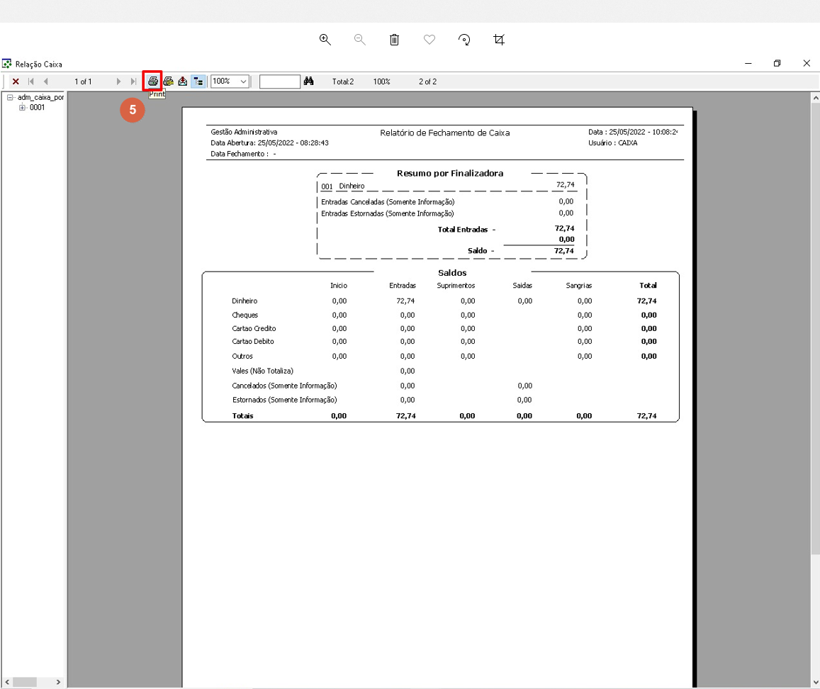 Visualizador "Relação Caixa" com o relatório completo exibindo "Resumo por Finalizadora" e tabela de "Saldos" (Dinheiro, Cheques, Cartão Crédito, Cartão Débito, Outros, Vales, Cancelados, Estornados, Totais); o botão "Print" na barra de ferramentas está destacado