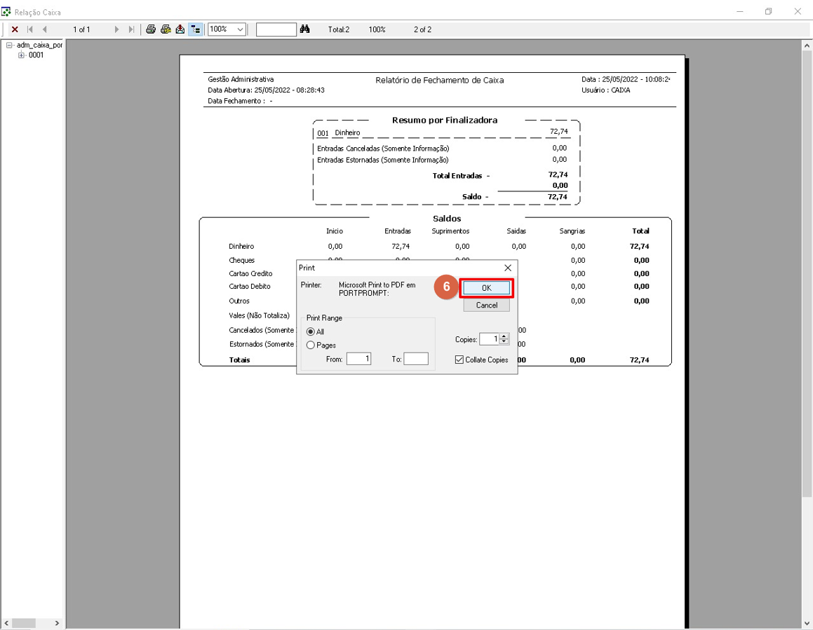 Janela "Print" com o campo "Printer: Microsoft Print to PDF em PORTPROMPT:", opções "Print Range: All" e "Copies: 1"; o botão "OK" está destacado