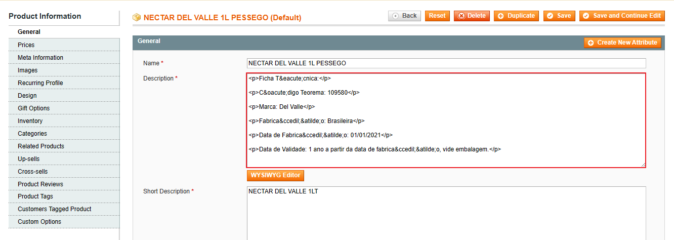 Painel administrativo do Magento — tela Product Information com o campo Description preenchido com as tags HTML da ficha técnica do produto NECTAR DEL VALLE 1L PESSEGO