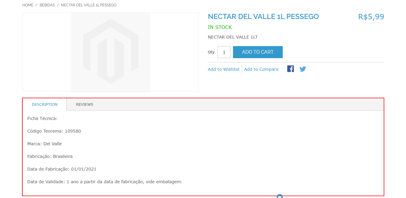 Página do produto NECTAR DEL VALLE 1L PESSEGO no e-commerce — aba Description exibindo a ficha técnica renderizada: Ficha Técnica, Código Teorema: 109580, Marca: Del Valle, Fabricação: Brasileira, Data de Fabricação: 01/01/2021, Data de Validade: 1 ano a partir da data de fabricação, vide embalagem