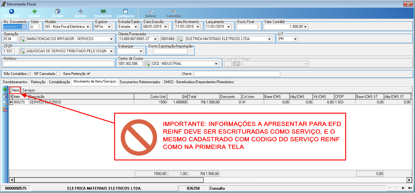 Tela Movimento Fiscal na aba "Movimento de Itens/Serviços", subaba "Serviços", exibindo o item 000270 SERVICO ELETRICO