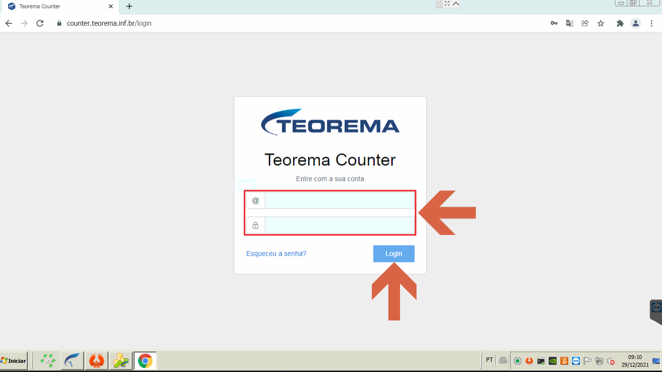 Tela de login do Teorema Counter no navegador, com os campos de e-mail e senha destacados em vermelho e setas apontando para os campos e para o botão Login