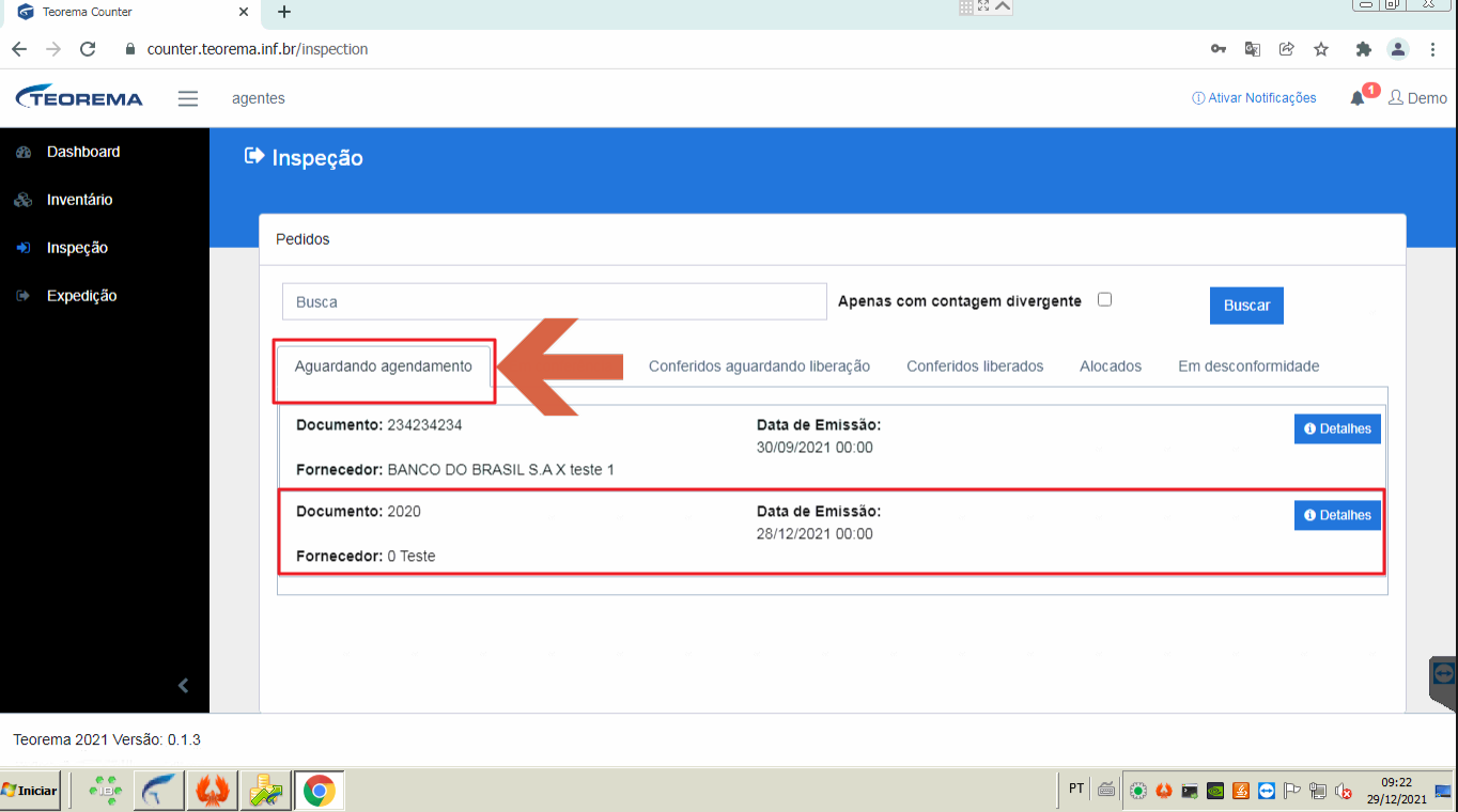Tela Inspeção do Teorema Counter com a aba Aguardando agendamento destacada e o pedido de documento 2020, fornecedor 0 Teste, destacado na lista