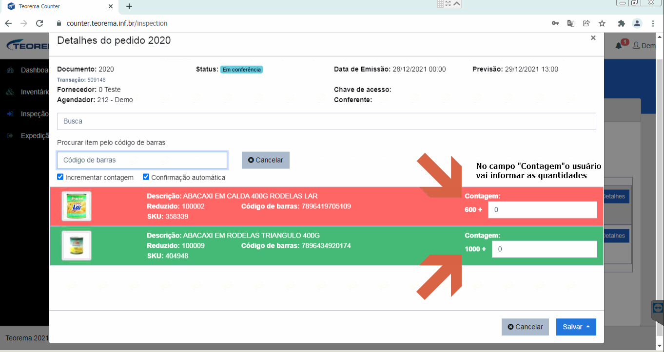 Janela Detalhes do pedido 2020 com o primeiro item em vermelho (contagem 600) e o segundo em verde (contagem 1000); setas apontam para o campo Contagem com a anotação de que o usuário vai informar as quantidades nesse campo