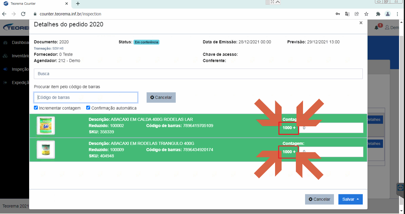 Janela Detalhes do pedido 2020 com setas convergindo para o valor de contagem atual 1000 + exibido ao lado do campo Contagem de cada item, sem mostrar a quantidade do pedido