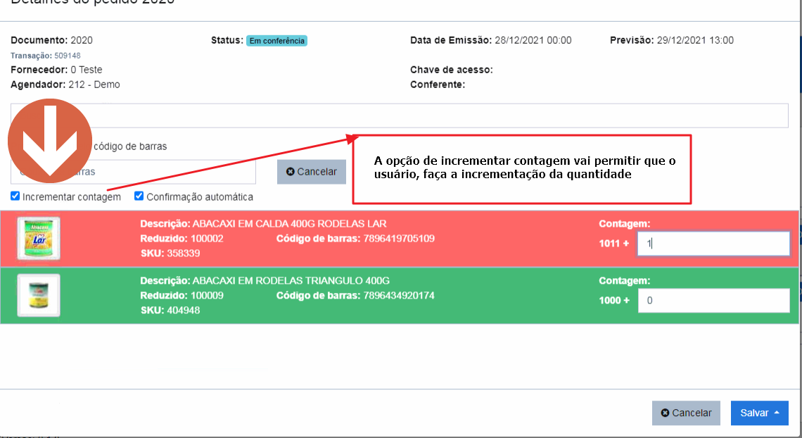 Janela de detalhes do pedido com a opção Incrementar contagem marcada e anotação explicando que ela permite ao usuário fazer a incrementação da quantidade; o primeiro item aparece em vermelho com contagem 1011 + e valor 1 digitado no campo