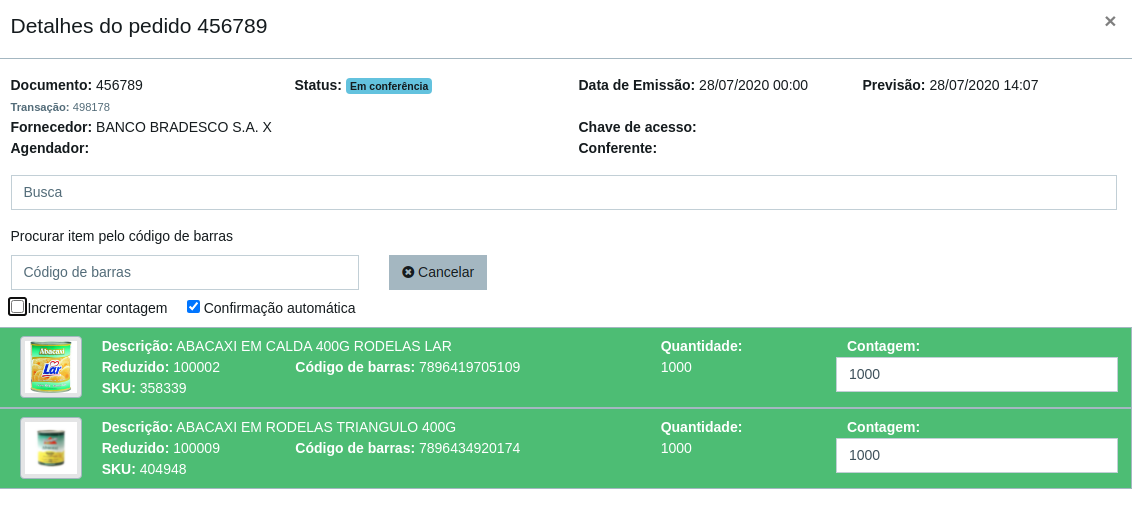Janela Detalhes do pedido 456789 com a opção Incrementar contagem desmarcada e destacada; cada item exibe as colunas Quantidade (1000) e Contagem (1000) preenchidas em linhas verdes