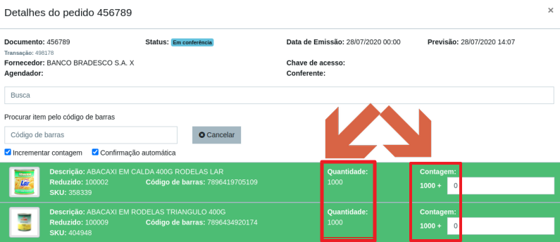 Janela Detalhes do pedido 456789 no perfil de gerente, com as colunas Quantidade e Contagem destacadas em vermelho e apontadas por setas, mostrando a quantidade do pedido visível
