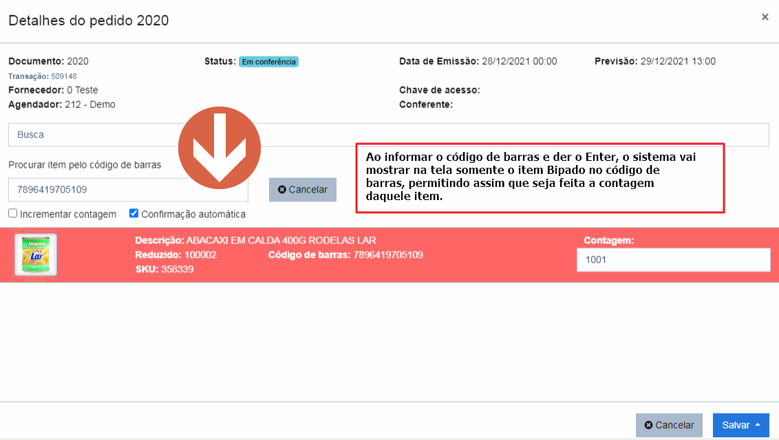 Janela Detalhes do pedido 2020 exibindo apenas o item filtrado pelo código de barras informado, com anotação explicando que após o Enter o sistema mostra somente o item bipado