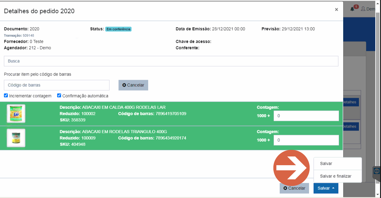 Janela Detalhes do pedido 2020 com o menu do botão Salvar aberto, exibindo as opções Salvar e Salvar e finalizar, apontadas por uma seta