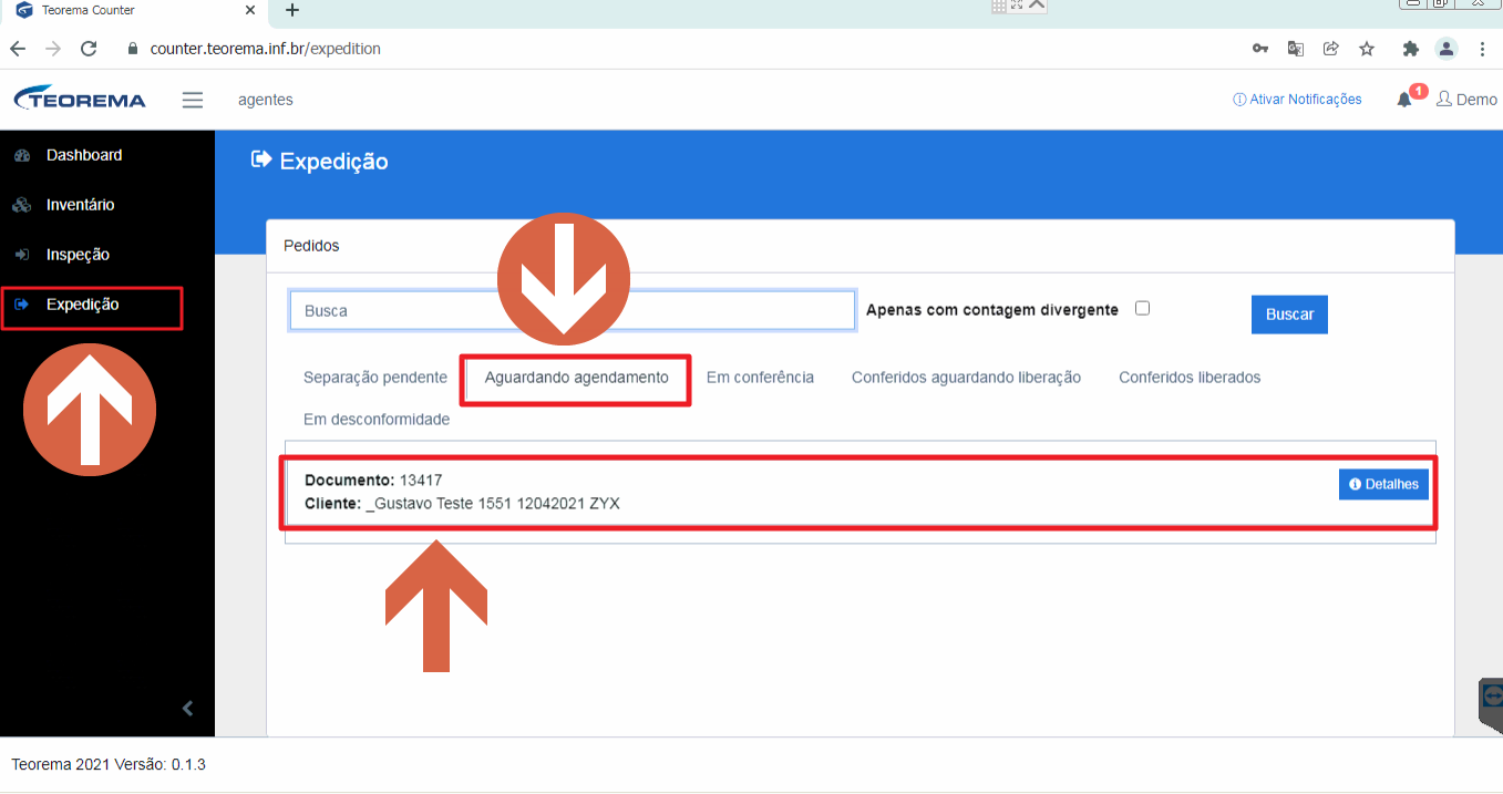 Tela Expedição do Teorema Counter com a aba Aguardando agendamento destacada e o pedido de documento 13417, cliente de teste, destacado na lista com o botão Detalhes