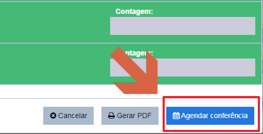 Rodapé da janela de detalhes do pedido com os botões Cancelar, Gerar PDF e Agendar conferência; o botão Agendar conferência está destacado em vermelho e apontado por uma seta