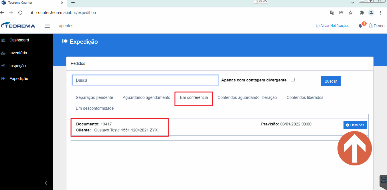Tela Expedição com a aba Em conferência destacada e o pedido de documento 13417 com previsão 08/01/2022 destacado na lista