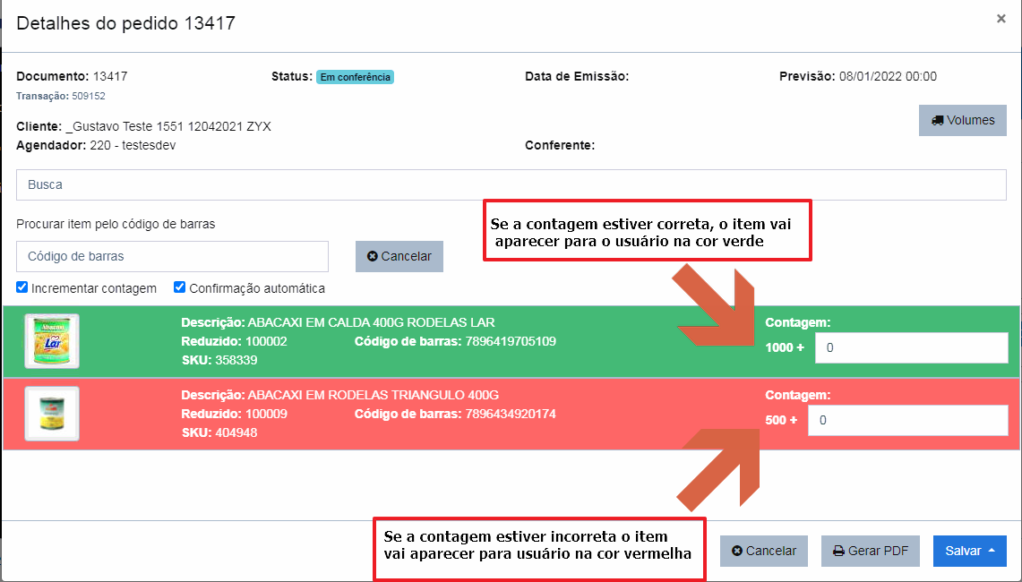 Janela Detalhes do pedido 13417 com anotações: o item com contagem correta aparece em verde (1000) e o item com contagem incorreta aparece em vermelho (500), ambos apontados por setas