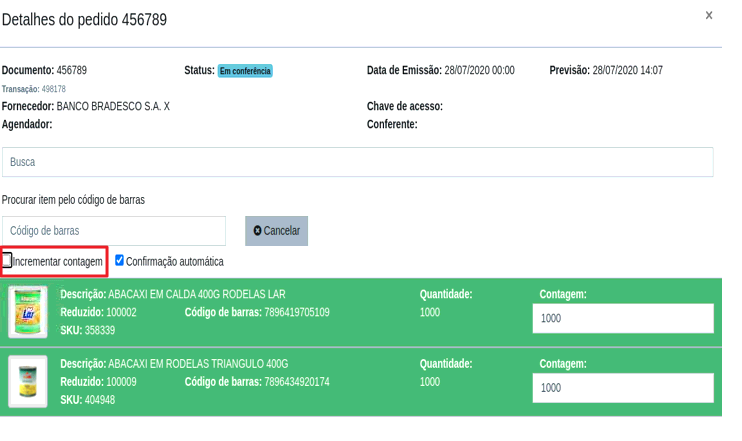 Janela Detalhes do pedido 456789 com a opção Incrementar contagem desmarcada e destacada em vermelho; cada item exibe as colunas Quantidade (1000) e Contagem (1000) preenchidas em linhas verdes