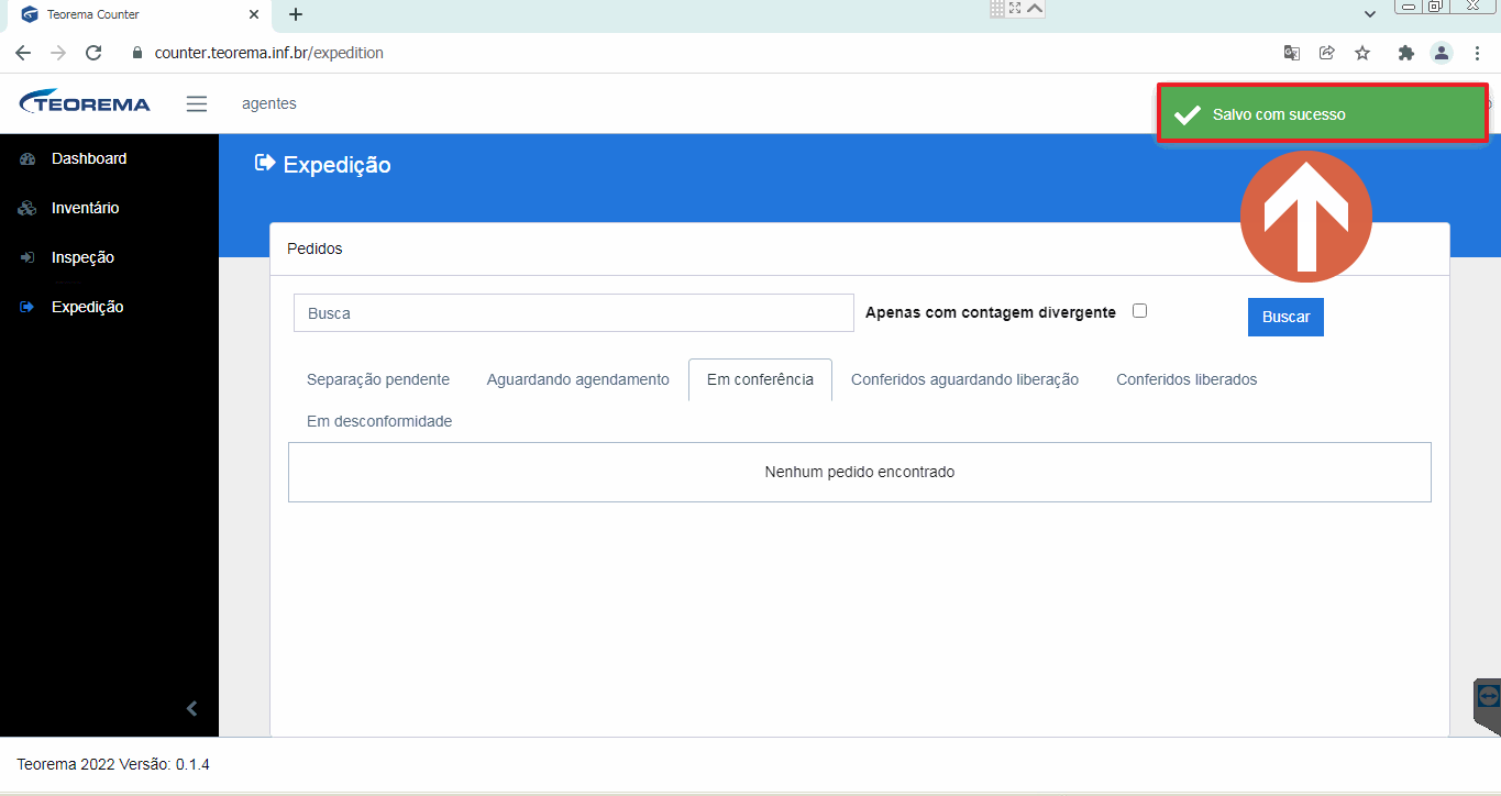Tela Expedição na aba Em conferência exibindo Nenhum pedido encontrado, com a notificação verde Salvo com sucesso destacada no canto superior direito