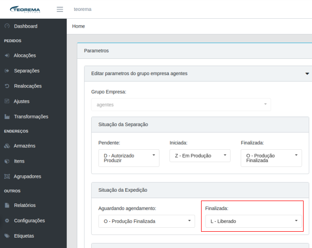 Tela de parâmetros do WMS com a seção Situação da Expedição, onde o campo Finalizada está configurado como L - Liberado e destacado em vermelho